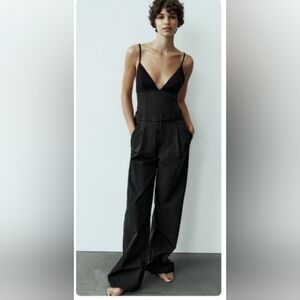 Zara, NWT, Combination Jumpsuit, Black, Front Pockets, Women's Sz XS, L- 50 Inch